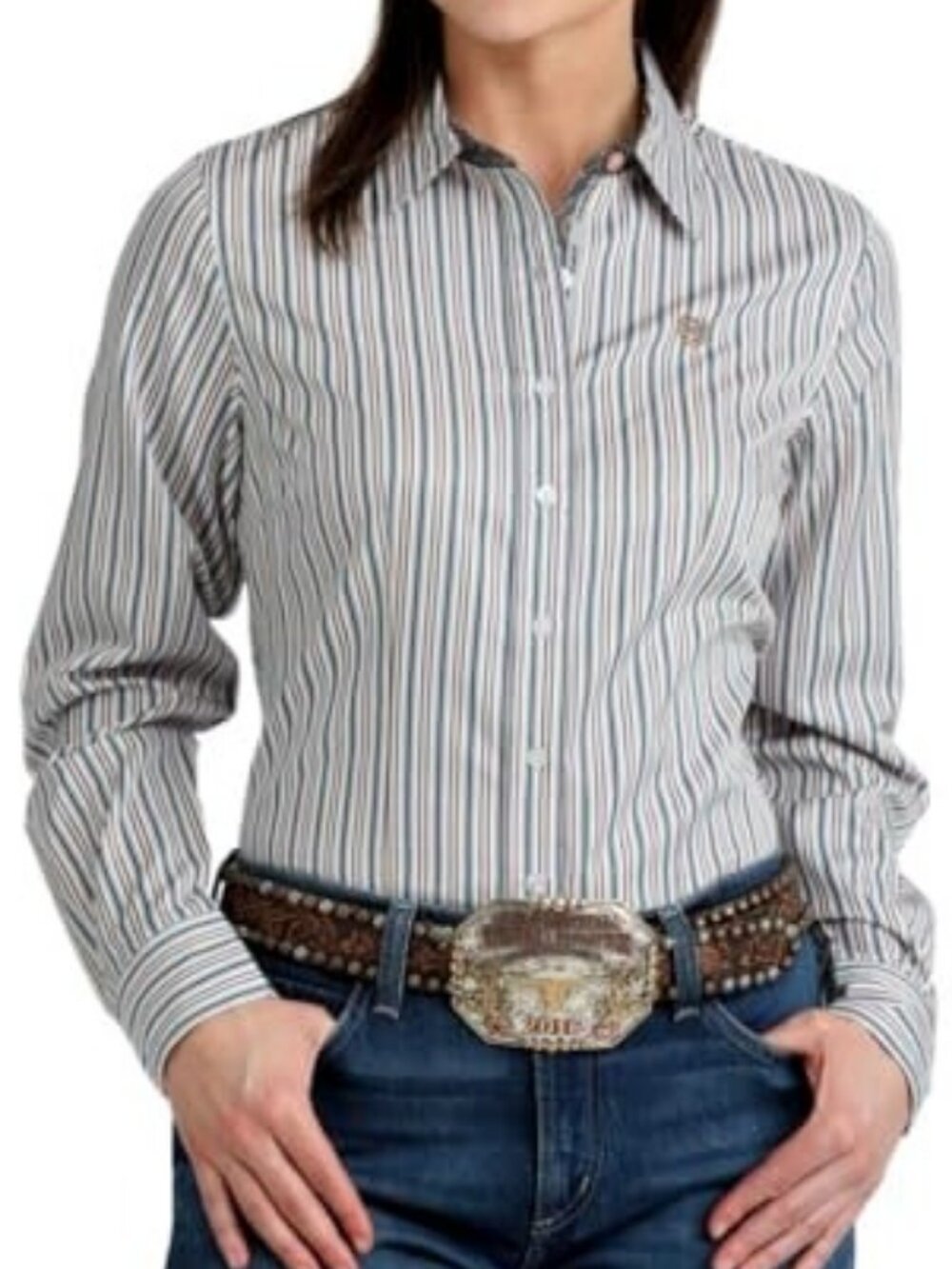 Cinch Women's LG Long Sleeve Tencel Stripe Button Shirt White MSW9165085